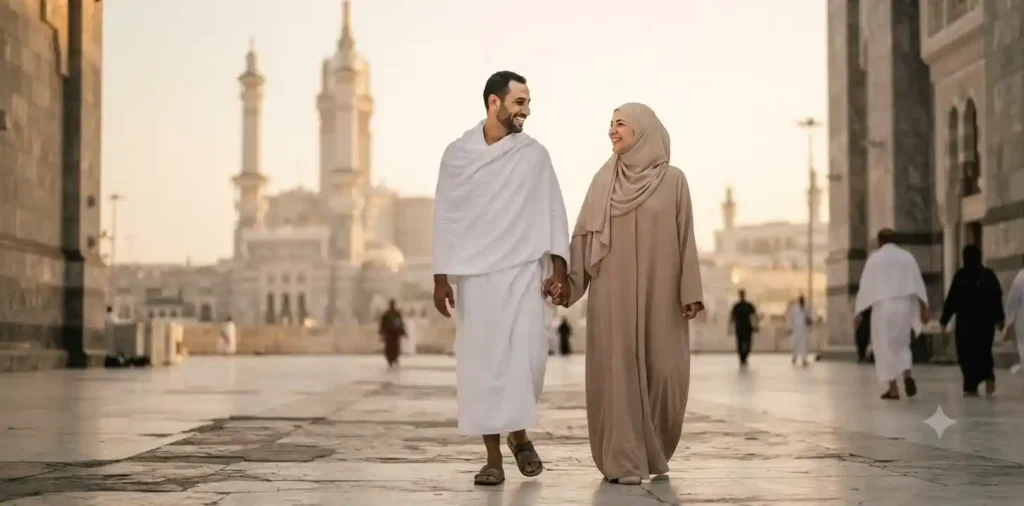Married couple walking after Hajj rituals