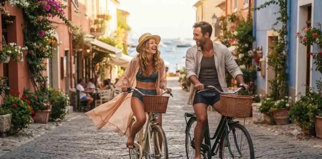 Couple riding bicycles through a sunny coastal town