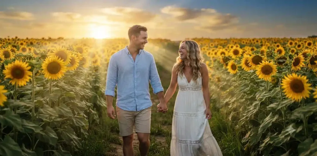 Couple holding hands in a sunflower field