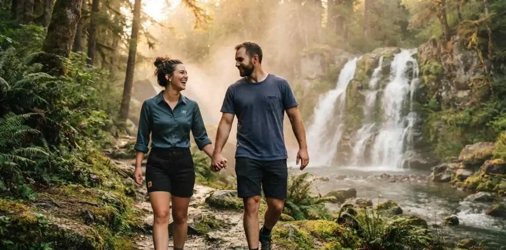 Couple holding hands beside waterfall