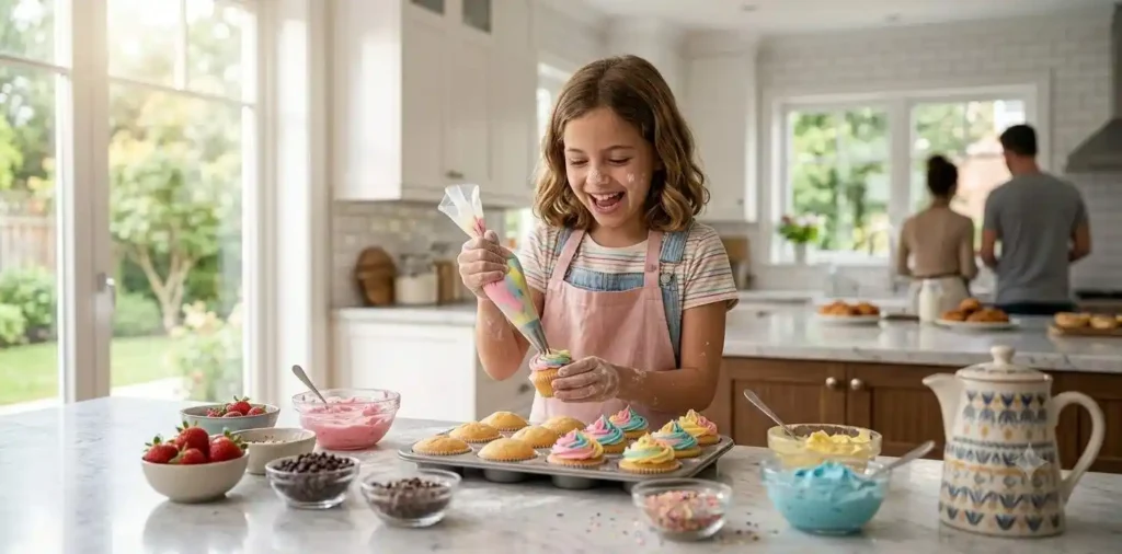 Little girl decorating colorful cupcakes