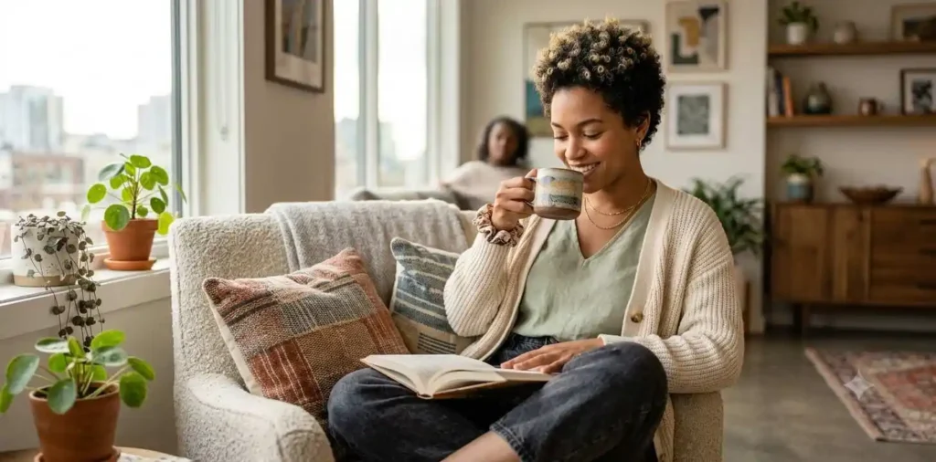 Woman relaxing in a cozy home corner