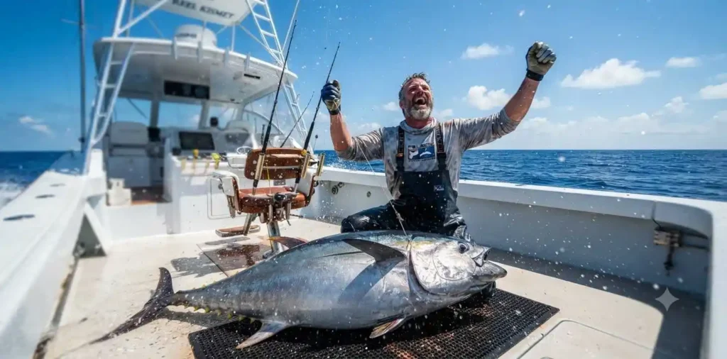Angler celebrating a giant tuna catch