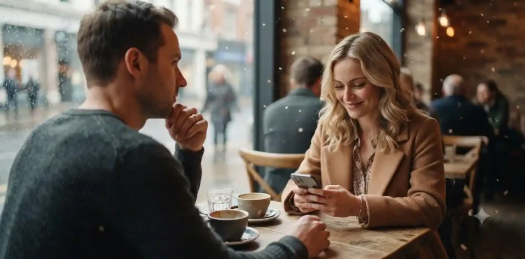 Woman secretly texting while partner walks away