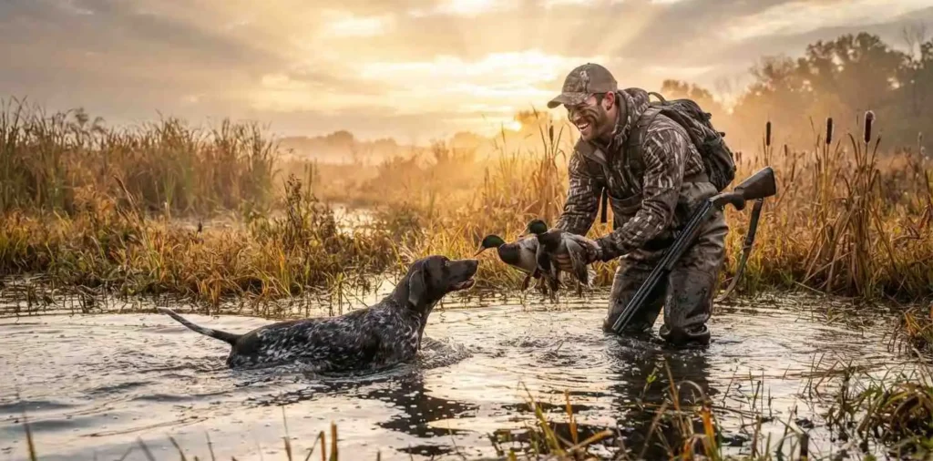 Hunter retrieving ducks beside a quiet marsh