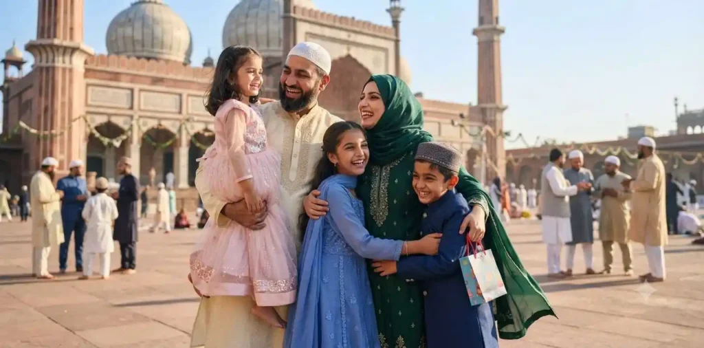Family celebrating Eid outside the mosque