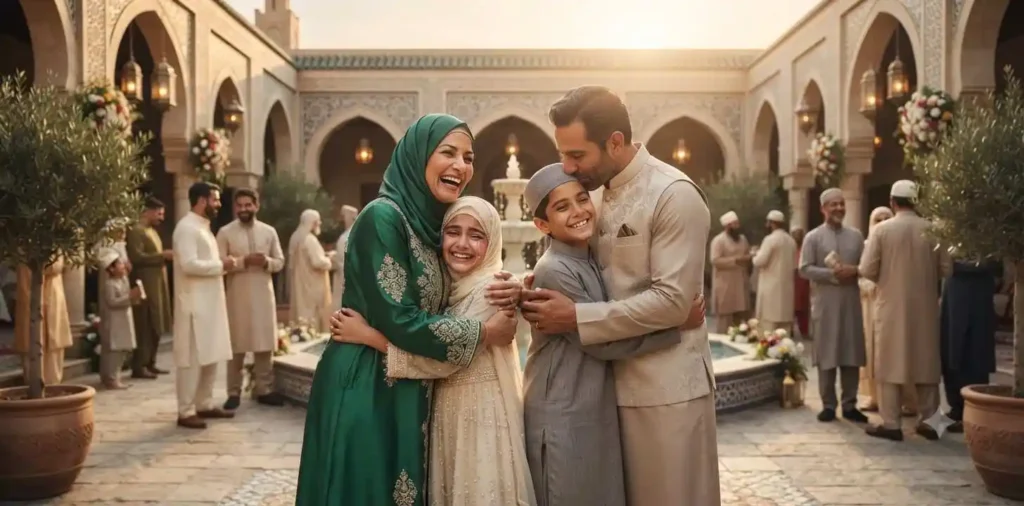 Family embracing after Eid prayer outdoors