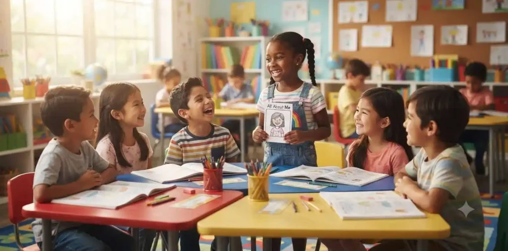 Children laughing together in an elementary classroom