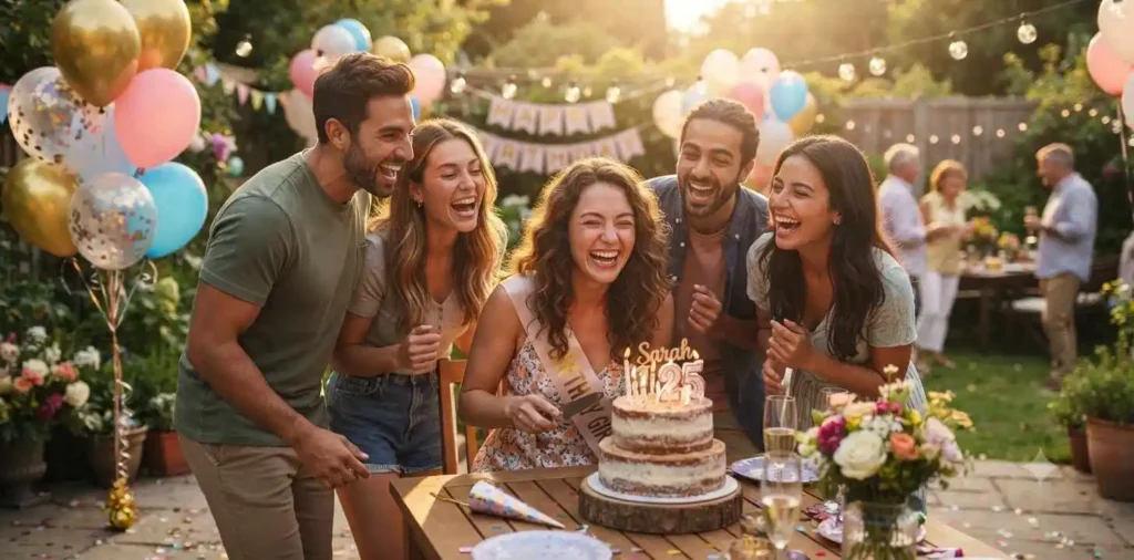 Friends celebrating with birthday cake and balloons