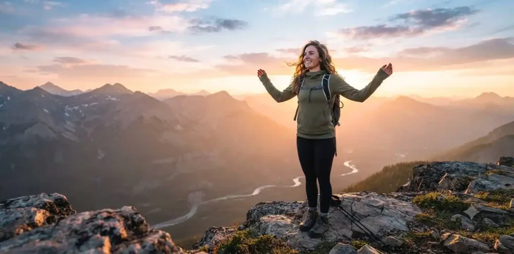 Young woman overlooking sunrise from mountain viewpoint