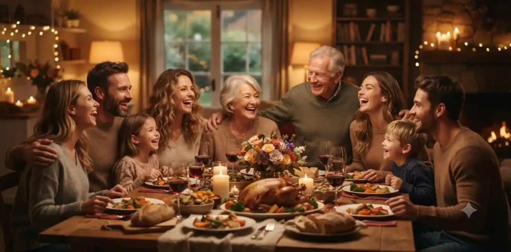 Family sharing dinner with joyful smiles