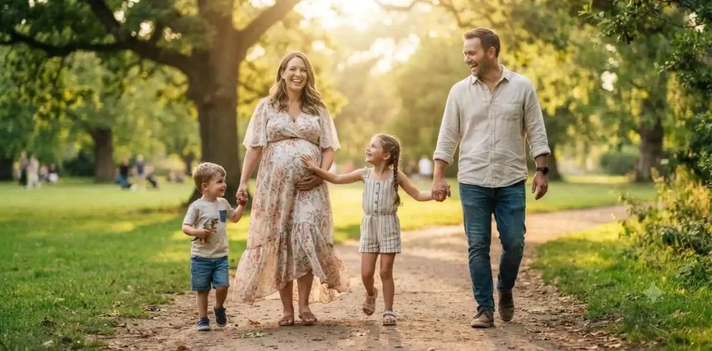 Happy family walking together in park