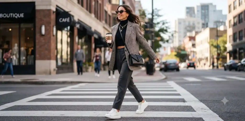 Stylish woman posing in a modern street outfit