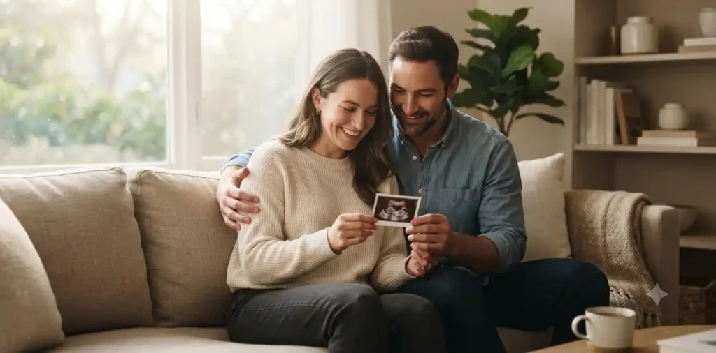 Expecting couple holding baby ultrasound indoors