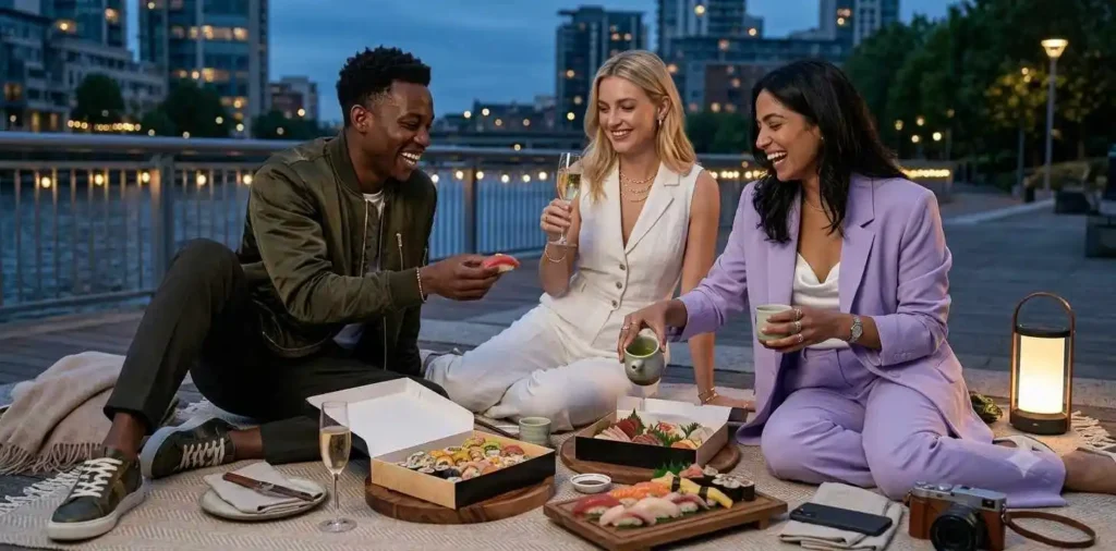 Friends sharing sushi picnic by the river