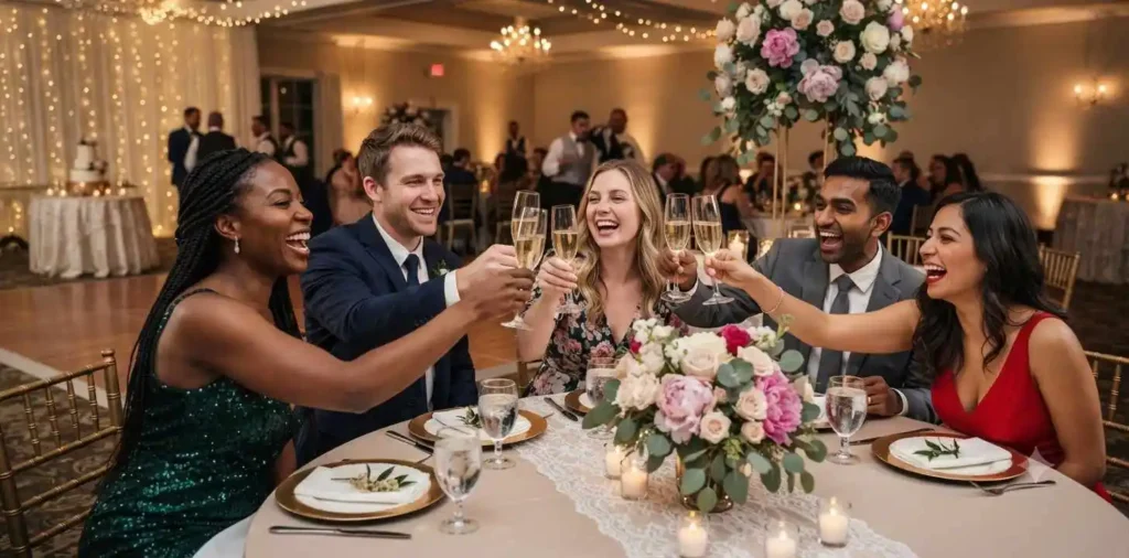 Friends laughing together during wedding reception