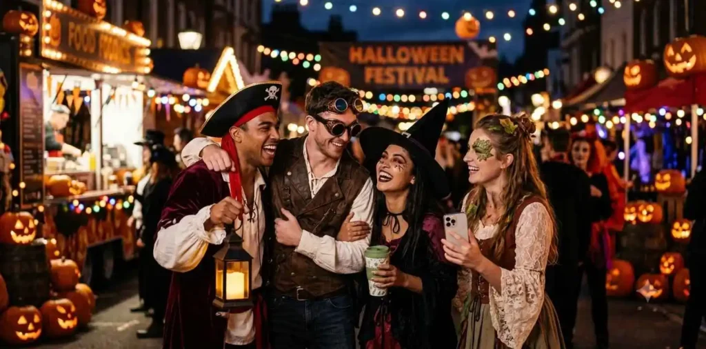 Friends celebrating Halloween together in costumes