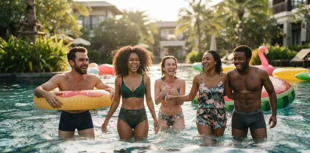 Friends laughing together in a swimming pool