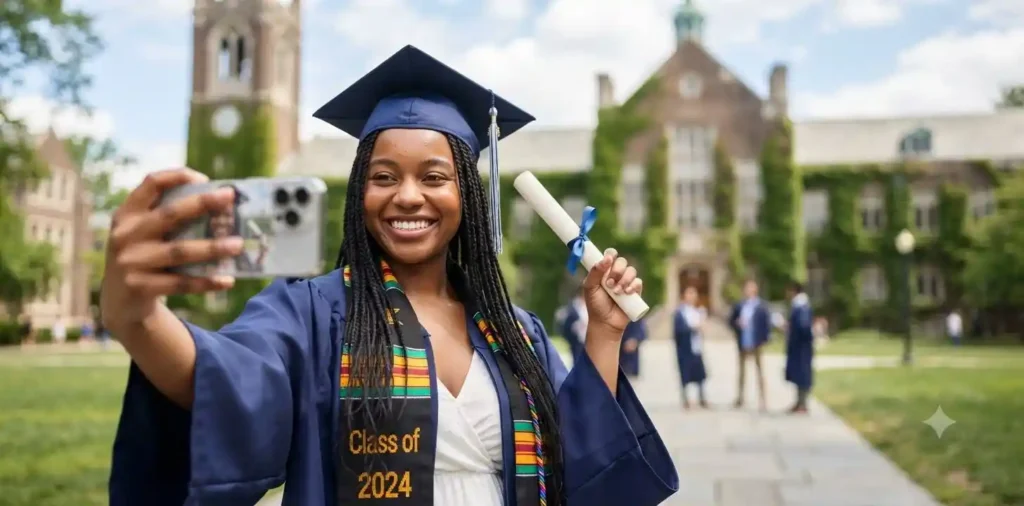 Graduate taking a smiling selfie outdoors