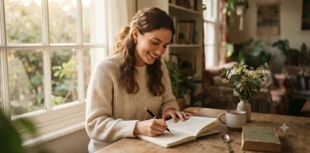 Woman smiling while writing in gratitude journal
