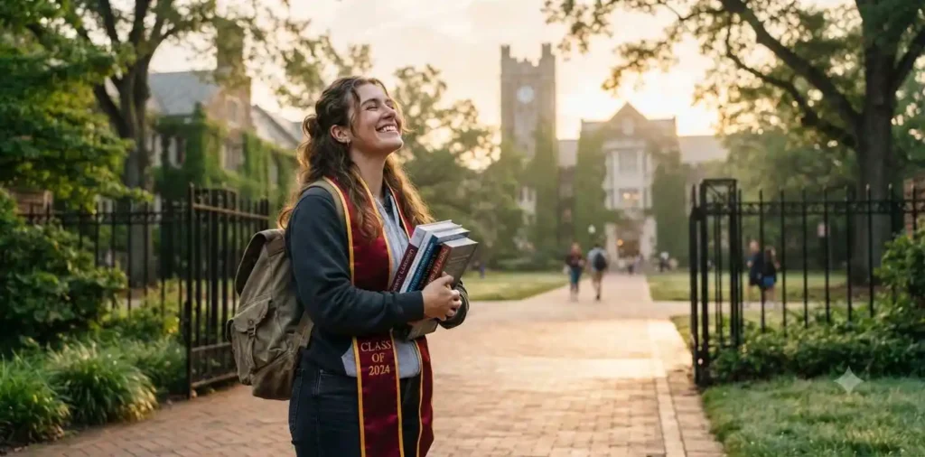Student celebrating academic success outdoors