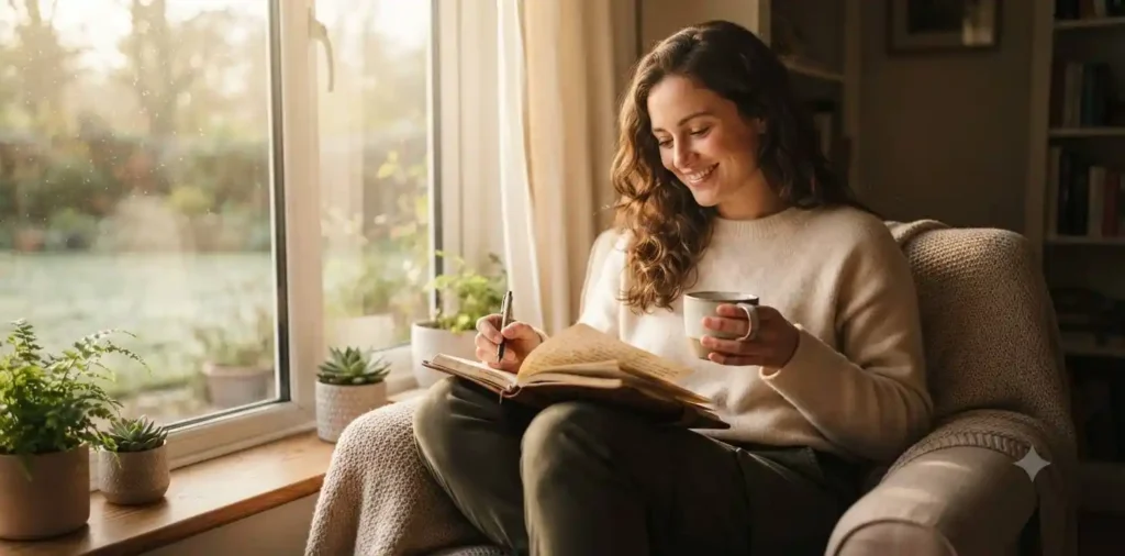 Woman smiling while writing in a gratitude journal