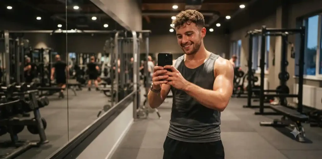 Fitness enthusiast taking a gym mirror selfie