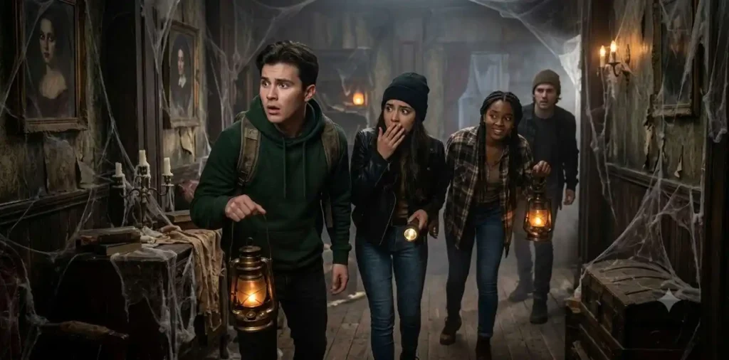 Friends walking through a spooky haunted house