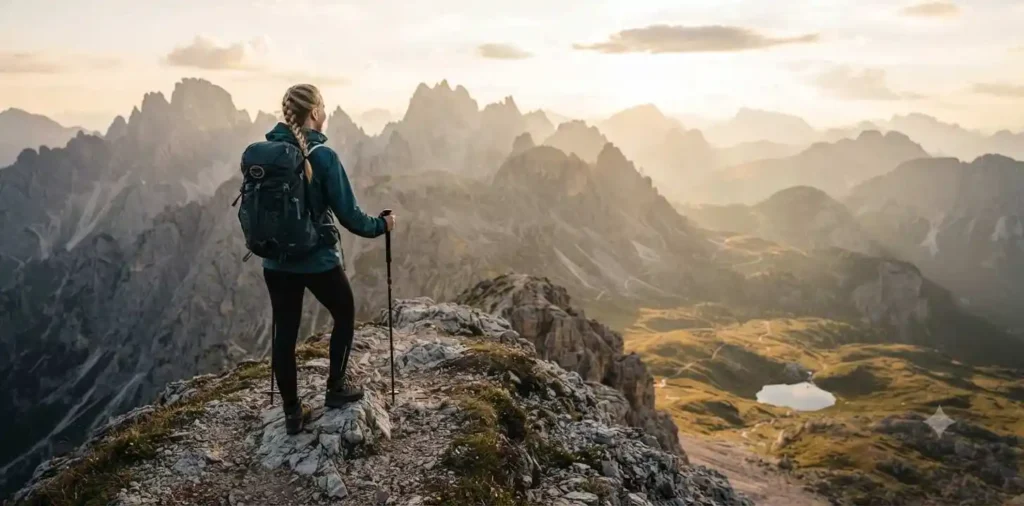 Hiker reaching a scenic mountain summit
