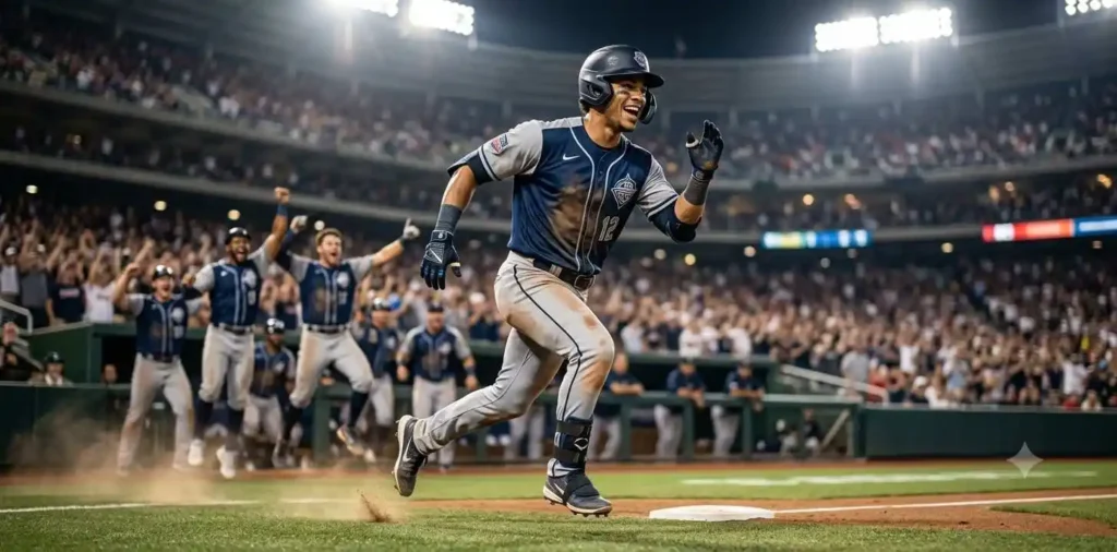 Male softball player celebrating a home run