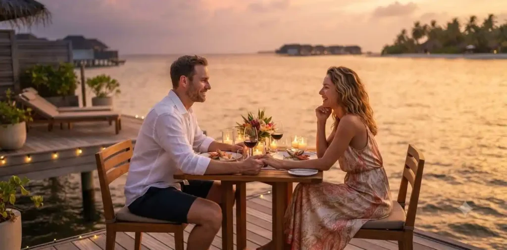 Newlyweds enjoying a romantic sunset dinner