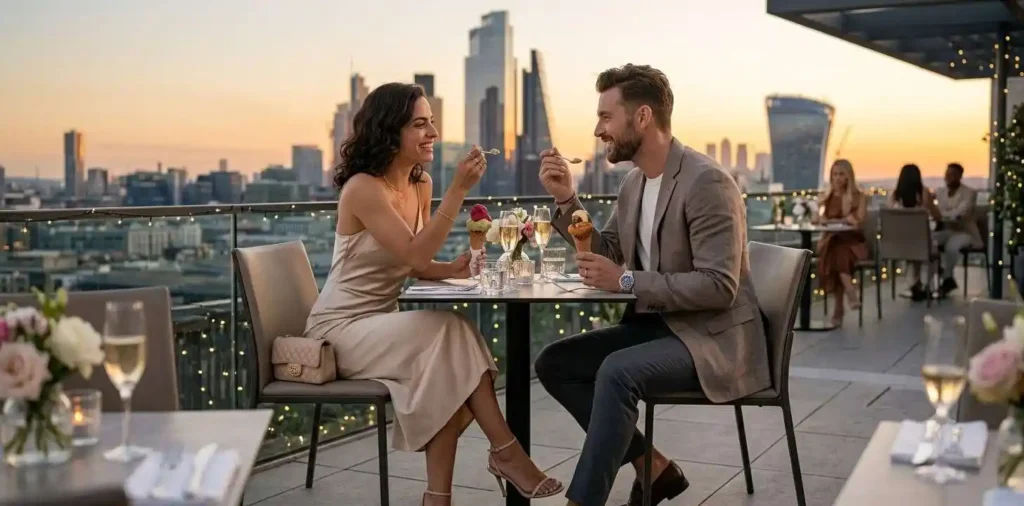 Stylish couple enjoying gelato on a rooftop