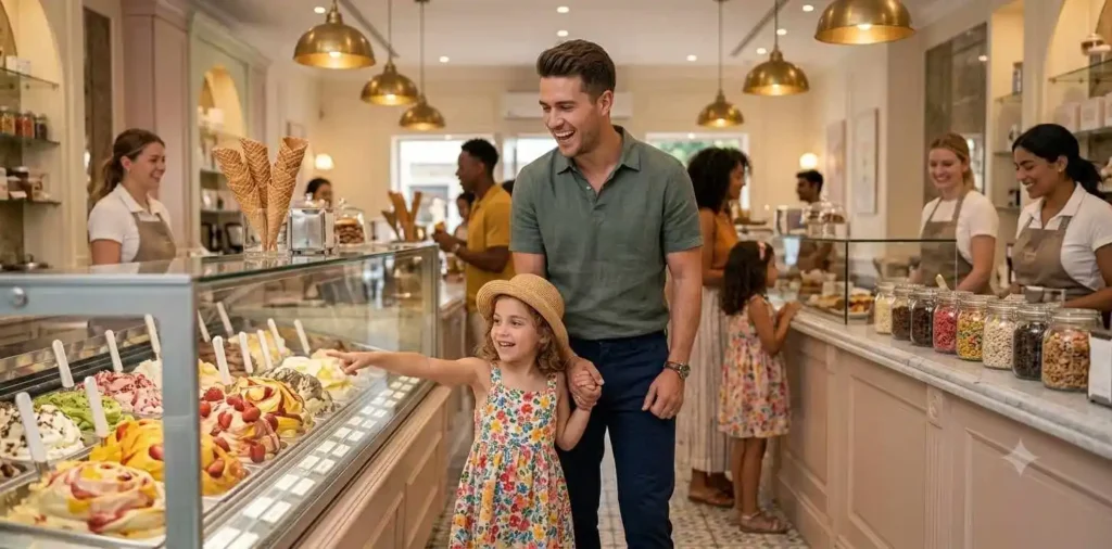 Father and daughter choosing colourful ice cream