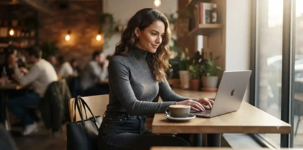 Independent woman working confidently in a modern cafΓ©