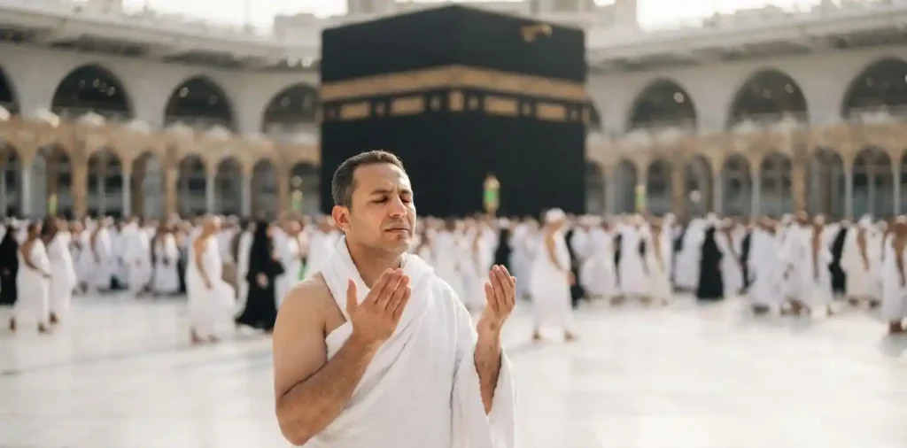 Pilgrim praying beside the Kaaba