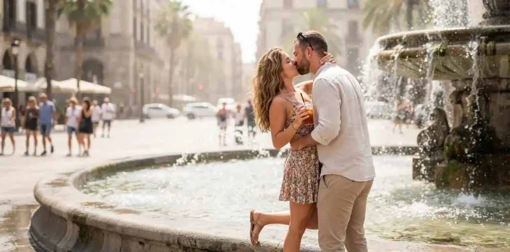 Couple sharing a kiss beside a city fountain