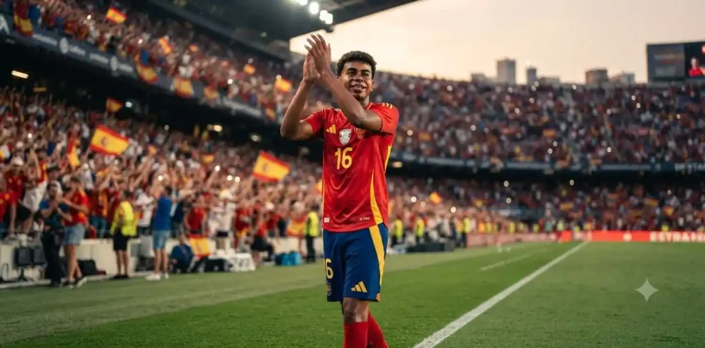 Young football star applauding passionate supporters