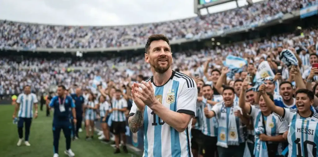 Lionel Messi applauding Argentina supporters