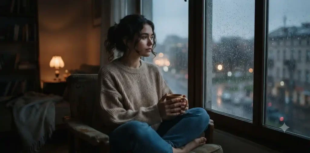 Person sitting alone beside a rainy window