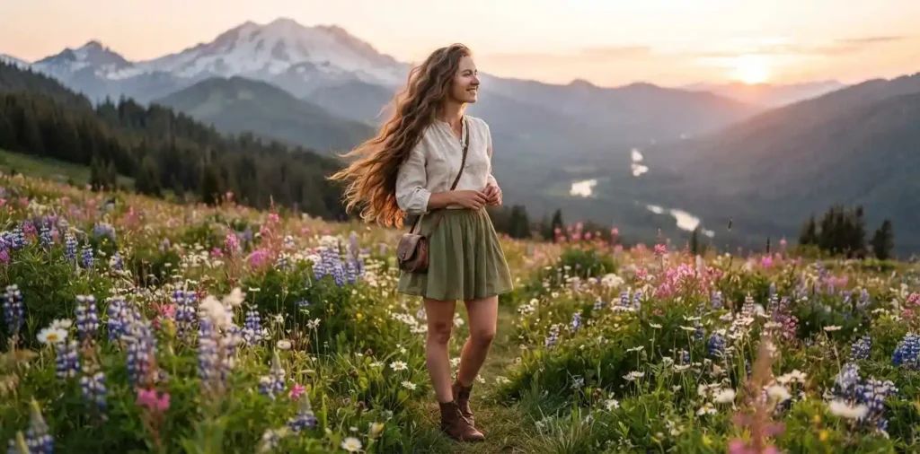 Woman with flowing long hair outdoors