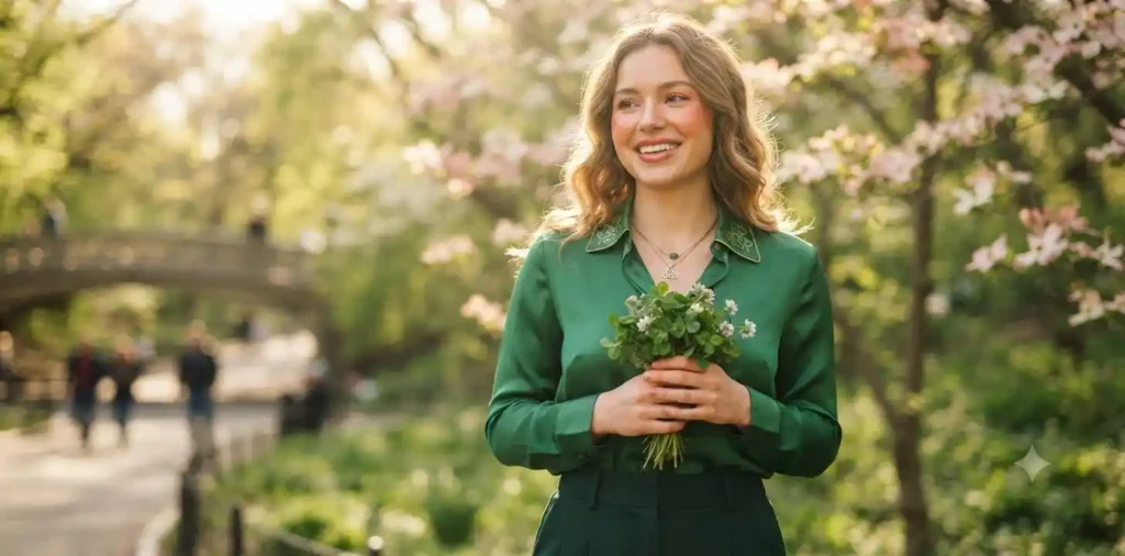 Friends celebrating in green outfits outdoors