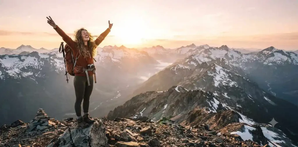 Hiker overlooking mountain peaks at sunrise