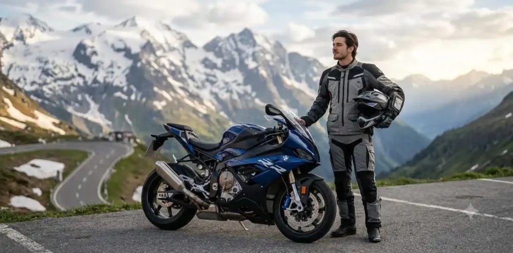 Motorcyclist riding through mountain roads