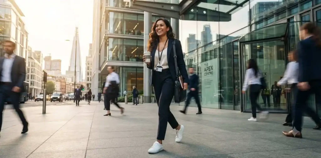Professional entering a new office with a smile