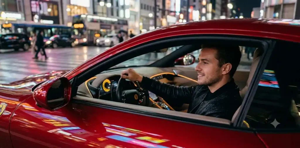 Ferrari driving through city lights at night