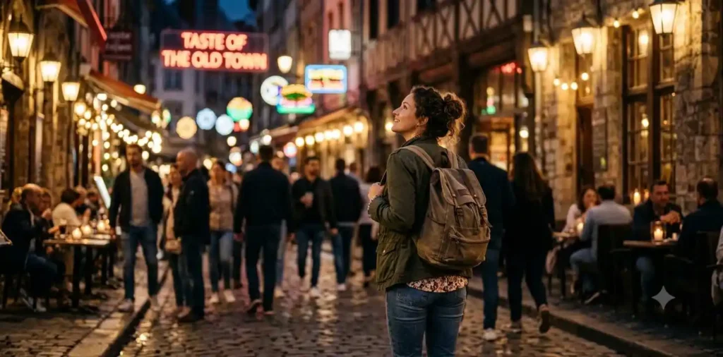 Traveler exploring illuminated city streets at night