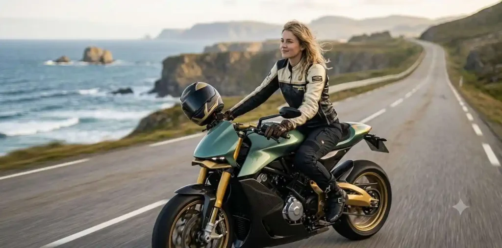 Rider cruising luxury motorcycle on mountain road