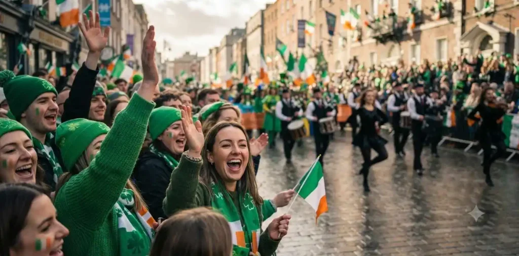 Crowd enjoying a festive St. Patrick's Day parade