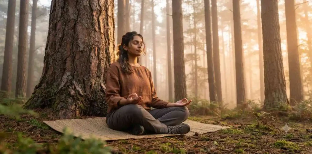 Woman meditating beneath tall forest trees