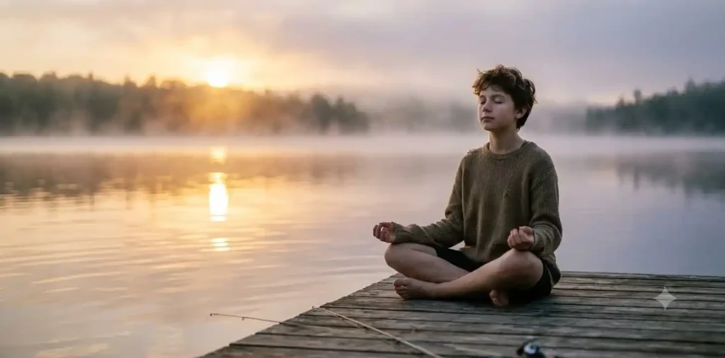 Person meditating beside a peaceful sunrise lake